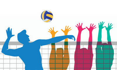 Colorful vector editable volleyball player spike and blocker in action for any graphic background