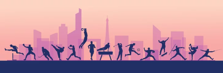 Fotobehang Great editable vector file of international multisport festival with players silhouette in the front of Paris skyline with classy and unique style best for your digital design and print mockup © Muhamad