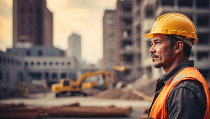 Construction worker with a blurry building area background - obrazy, fototapety, plakaty
