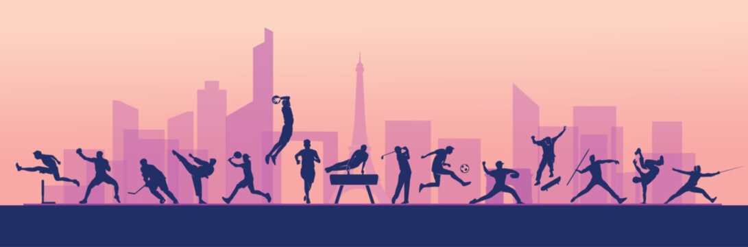Great editable vector file of international multisport festival with players silhouette in the front of Paris skyline with classy and unique style best for your digital design and print mockup