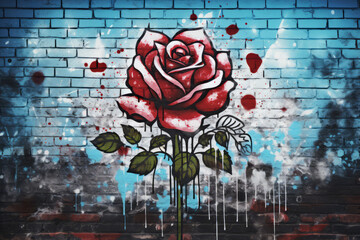 Urban graffiti of a red rose spraypainted on grunge blue brick background