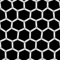 Bold black and white seamless abstract pattern featuring a honeycomb motif in a mesh-like design on black backdrop