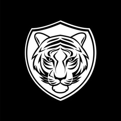 A Tiger head logo on white shield, in the style of black and white art. Illustration on black background. Symmetrical design