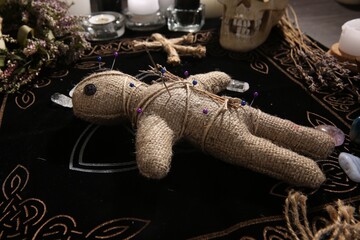 Voodoo doll with pins and dried flowers on table