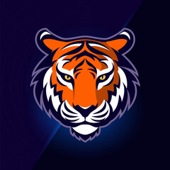 A tiger head logo on a dark background, in the style of dark violet and light orange