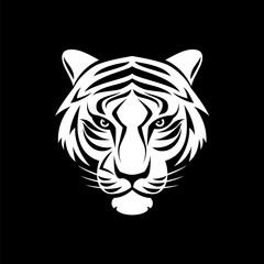 A Tiger head logo, in the style of black and white art. Illustration on black. Symmetrical design