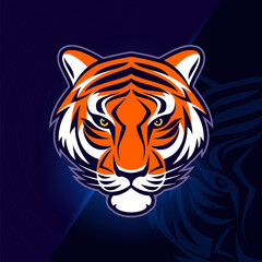 The head of an orange and blue tiger, in the style of logo, dark themes,