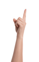 Fototapeta premium Woman pointing with index finger on white background, closeup