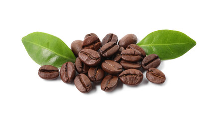 Roasted coffee beans and leaves isolated on white