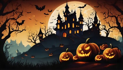 Halloween background with pumpkins and castle, super amazing background. 