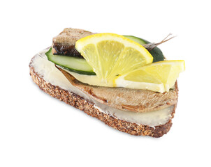 Delicious sandwich with smoked sprats, cucumber and lemon isolated on white