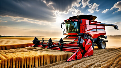 combine harvester working on wheat field,
A photo of a combine harvester during the harvest, - obrazy, fototapety, plakaty