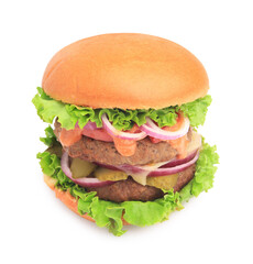 One tasty burger with vegetables, patties and lettuce isolated on white