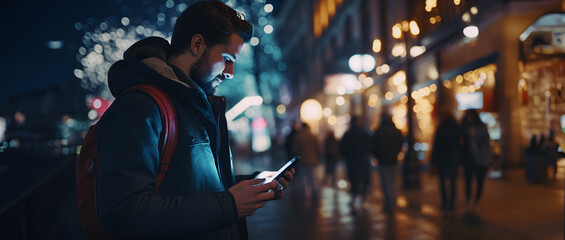 man walking through the city at night looking at his mobile phone and writing a message - obrazy, fototapety, plakaty