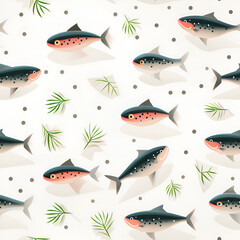 A playful pattern featuring illustrated salmon fish and green herbs on a dotted light background, suitable for culinary themes.