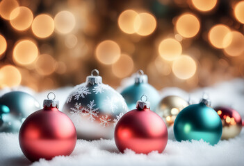 christmas ornaments on blissful snowy background with light bokeh, snowflakes and holiday feeling