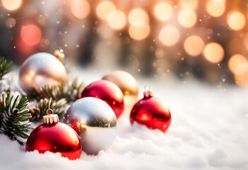 christmas ornaments on blissful snowy background with light bokeh, snowflakes and holiday feeling