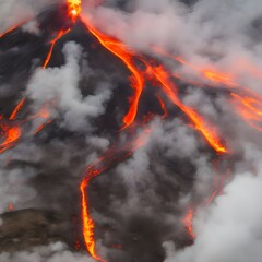 Erupting volcano, lava and fire