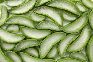 Fresh aloe vera slices as background, top view