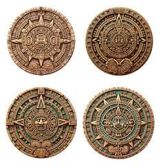 Set of Stone Mayan Aztec Calendar in Realistic intricate Illustration. Astronomy Aztec Artifact Design