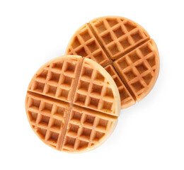 Two tasty Belgian waffles isolated on white, top view