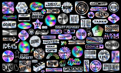 Collection of Vector Illustrations with Iridescent Foil Film. Set of Digital Holographic Modern Retro Futuristic Motivational Quotes. Shapes of Word with Hologram effects. Planner Sticker Scrapbook
