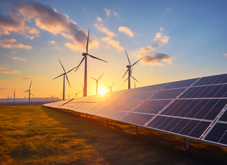 The Rise of Solar and Wind Energy  Revolutionizing the Power Industry, solar panels and windmill ,wind turbine  on the hill
