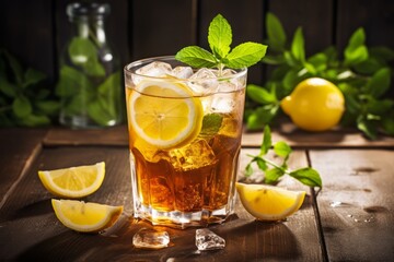 A Chilled Arnold Palmer Drink Amidst its Key Components – Lemon and Iced Tea – on a Rustic Table Under the Summer Sun