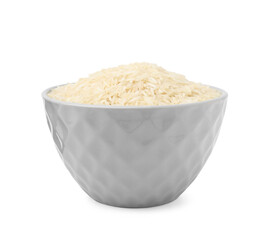 Raw rice in bowl isolated on white