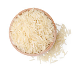 Raw rice in bowl isolated on white, top view