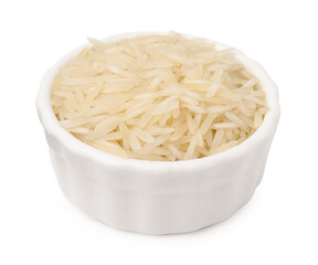 Raw rice in bowl isolated on white