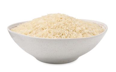 Raw rice in bowl isolated on white