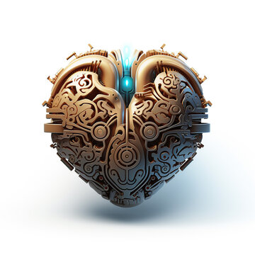 a mechanical golden heart with gears and metal concept - steampunk heart illustration