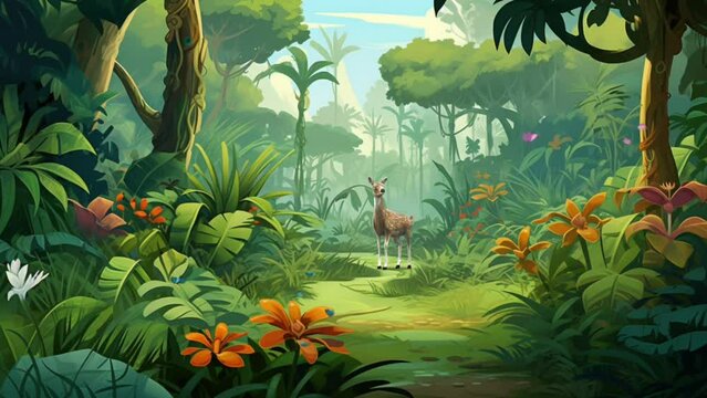 Green tropical forest with animals in it. Seamless looping virtual video animation background, anime or cartoon illustration style. Generated with AI