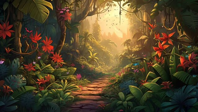 Green tropical forest with animals in it. Seamless looping virtual video animation background, anime or cartoon illustration style. Generated with AI