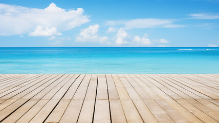 Wooden pier with blue sea and sky background, AI Generative.