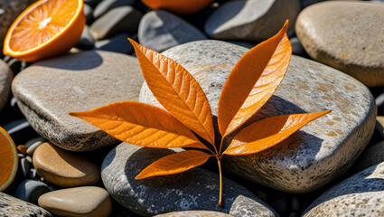 zen stones and leaves,
 stone on the ground with autumn leaves,
Autumn season and peaceful concepts. orange leaf on river stone .
Mindful Meditation: Zen Stones in a Natural,