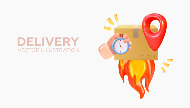 3D delivery concept. Box or package with location, stopwatch and fire. Fast delivery. Vector illustration