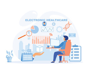 Electronic healthcare concept with hand holding modern bezel free smart phone.  flat vector modern illustration 