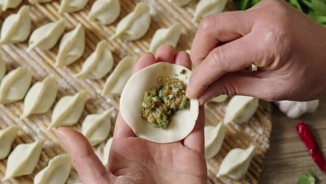 Woman's hand and finger making dumpling in kitchen at home