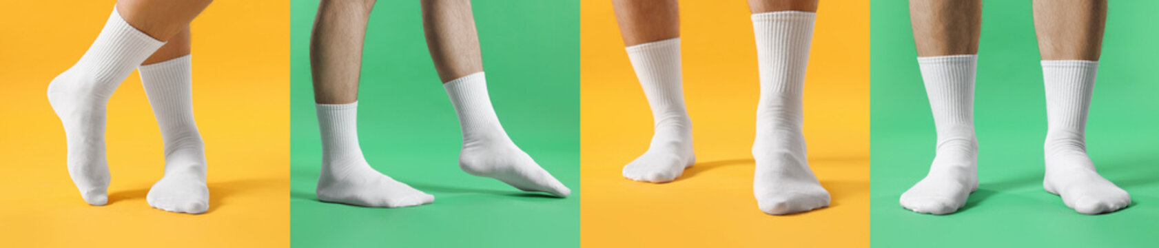 Men in stylish white socks on color backgrounds, collection of photos