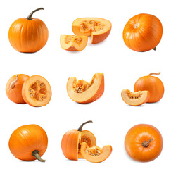 Whole and cut fresh ripe pumpkins isolated on white, set