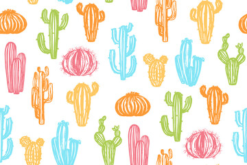 Cactus hand drawn grungy seamless pattern. Trendy cartoon textured succulent plants repeat ornament. Scrapbook botanical paint desert cacti endless decor. Exotic western wallpaper vector illustration