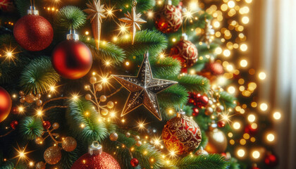 Obraz na płótnie Canvas A festive Christmas tree adorned with golden lights and red ornaments. Generative ai.