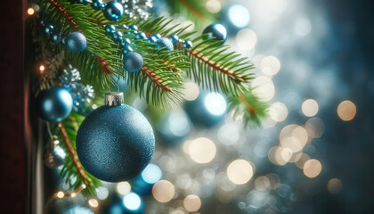 Obraz premium Blue Christmas ornaments hanging from a pine tree branch for a festive celebration. Generative ai.