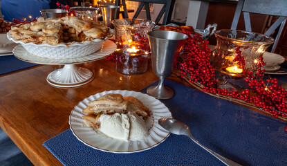Slice of homemade gourmet apple pie on a holiday table