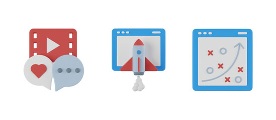3d social engagement, startup, strategic plan. Content management system 3d icon illustration pack. High quality render