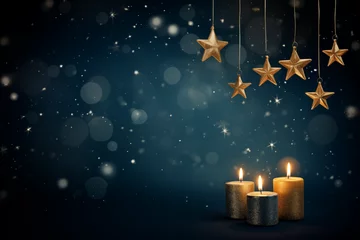 Fotobehang Flaming blue candles at night on dark background with stars and lights. Candles in Christian church as catholic symbol. Abstract festive backdrop. Christmas eve or Chanukah banner with copy space © ratatosk