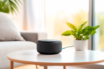 Foto op Canvas Echo from Amazon Alexa on the table. Alexa is a virtual personal assistant developed by Amazon with the aim of assisting in the execution of some everyday tasks. The user interacts through speech. © Marcio