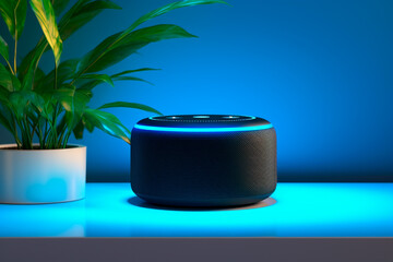 Echo from Amazon Alexa on the table. Alexa is a virtual personal assistant developed by Amazon with the aim of assisting in the execution of some everyday tasks. The user interacts through speech.